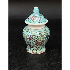 Mini Famille Rose Floral Porcelain Aqua Ginger Jar With Lid 3 1/4” Vintage